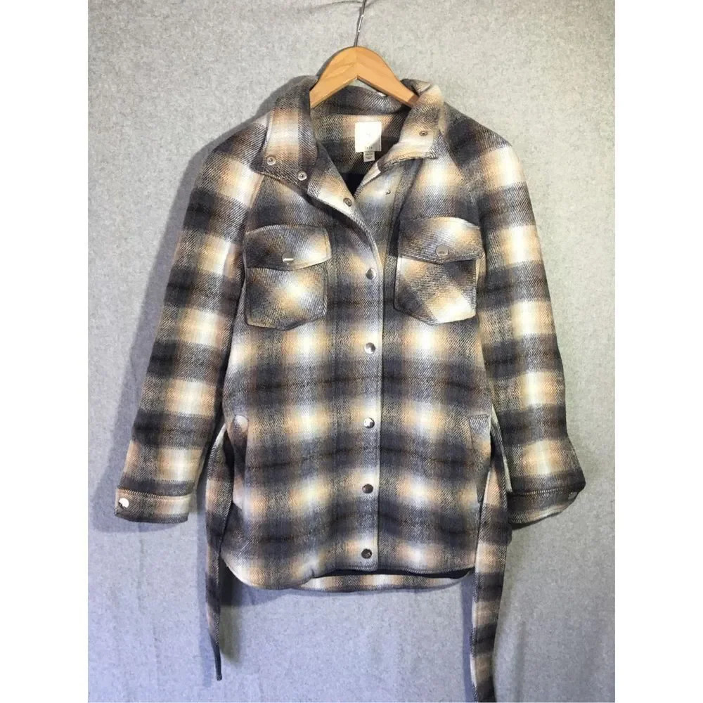 Womens Joie Coat Jacket Plaid Thick Wool Blend Tie Waist Pea Coat Winter Fashion